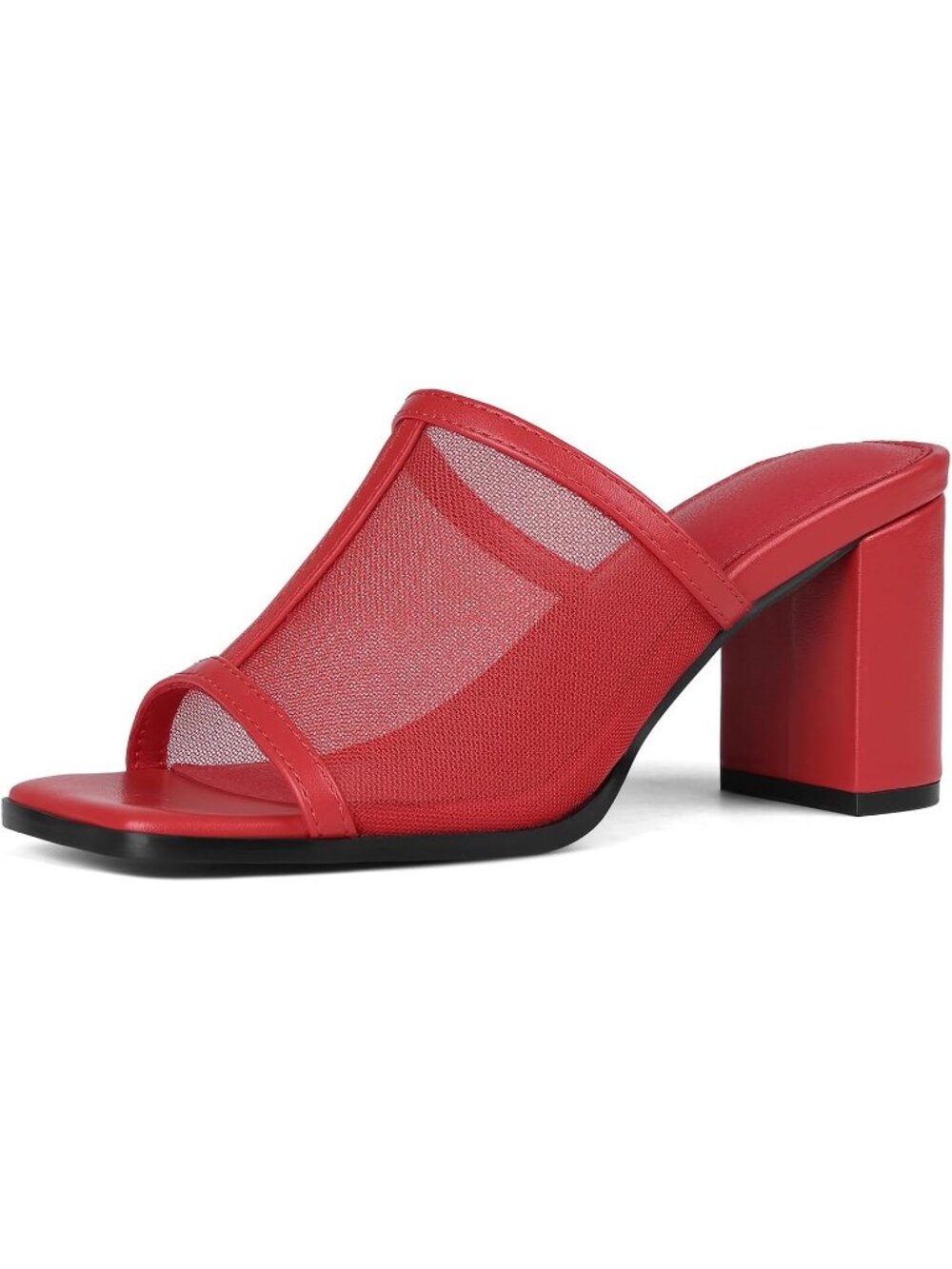 Woman's Red Mesh Sandals Chunky Heels Mules Comfort Backless Casual